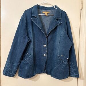 Denim d Gree Womens 14W Blue Denim Blazer Jacket Embroidered Cuffs Medium Wash